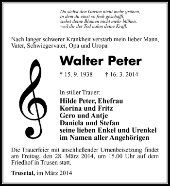 Traueranzeige von Walter Peter von Südthüringer Presse