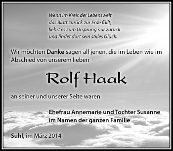 Traueranzeige von Rolf Haak von Südthüringer Presse