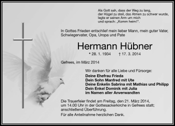 Traueranzeige von Hermann Hübner von Frankenpost