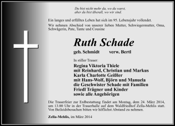 Traueranzeige von Ruth Schade von Südthüringer Presse