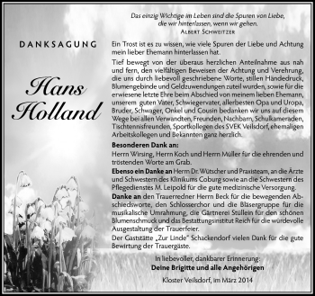 Traueranzeige von Hans Holland von Südthüringer Presse