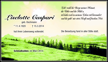 Traueranzeige von Liselotte Caspari von Südthüringer Presse