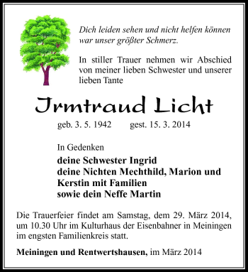 Traueranzeige von Irmtraud Licht von Südthüringer Presse