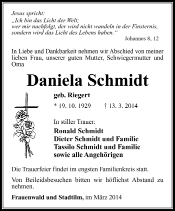 Traueranzeige von Daniela Schmidt von Südthüringer Presse