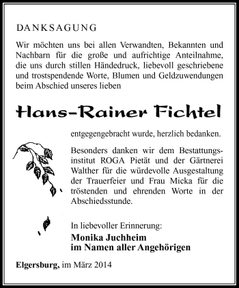 Traueranzeige von Hans-Rainer Fichtel von Südthüringer Presse