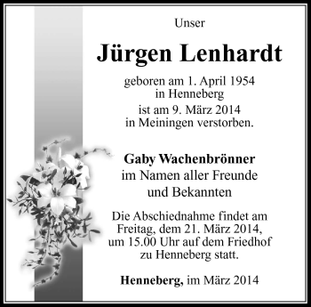 Traueranzeige von Jürgen Lenhardt von Südthüringer Presse