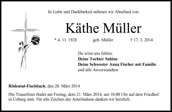 Traueranzeige von Käthe Müller von Neue Presse Coburg