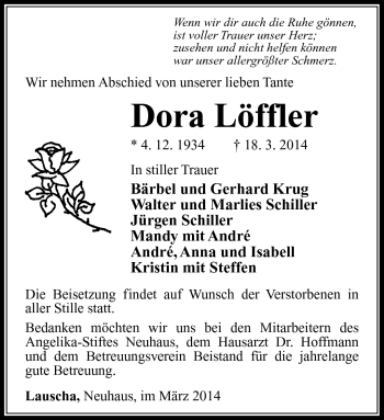 Traueranzeige von Dora Löffler von Südthüringer Presse