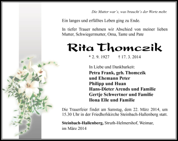 Traueranzeige von Rita Thomczik von Südthüringer Presse