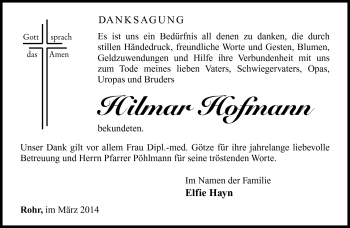 Traueranzeige von Hilmar Hofmann von Südthüringer Presse