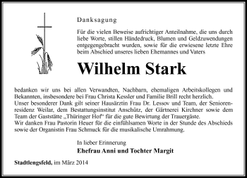 Traueranzeige von Wilhelm Stark von Südthüringer Presse