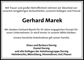 Traueranzeige von Gerhard Marek von Frankenpost