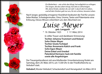 Traueranzeige von Luise Meyer von Südthüringer Presse