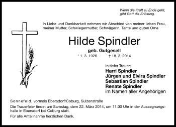 Traueranzeige von Hilde Spindler von Neue Presse Coburg