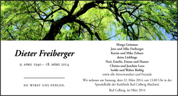 Traueranzeige von Dieter Freiberger von Südthüringer Presse