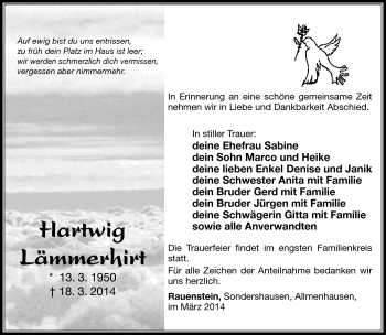 Traueranzeige von Hartwig Lämmerhirt von Südthüringer Presse