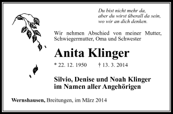 Traueranzeige von Anita Klinger von Südthüringer Presse