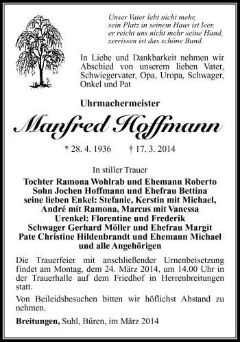 Traueranzeige von Manfred Hoffmann von Südthüringer Presse