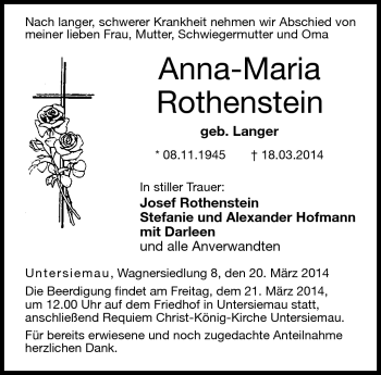 Traueranzeige von Anna-Maria Rothenstein von Neue Presse Coburg