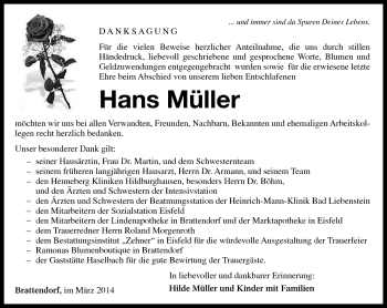 Traueranzeige von Hans Müller von Südthüringer Presse