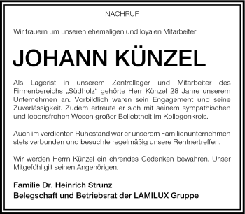 Traueranzeige von Johann Künzel von Frankenpost