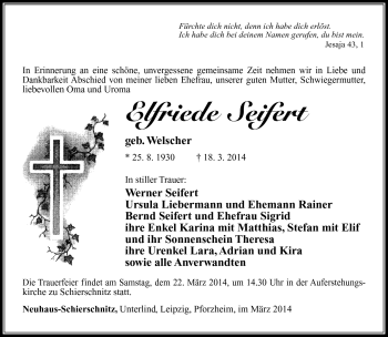Traueranzeige von Elfriede Seifert von Südthüringer Presse