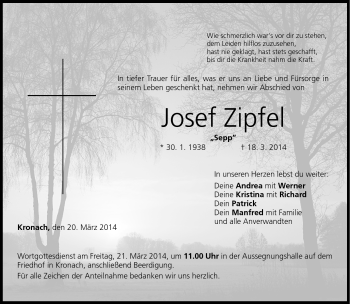 Traueranzeige von Josef Zipfel von Neue Presse Coburg