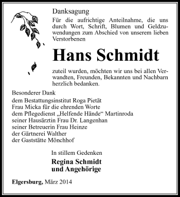 Traueranzeige von Hans Schmidt von Südthüringer Presse