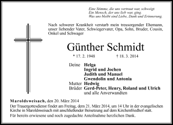 Traueranzeige von Günther Schmidt von Neue Presse Coburg