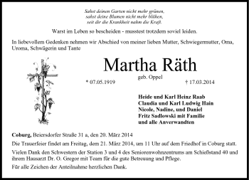Traueranzeige von Martha Räth von Neue Presse Coburg