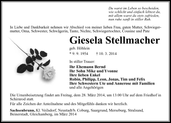 Traueranzeige von Gisela Stellmacher von Südthüringer Presse