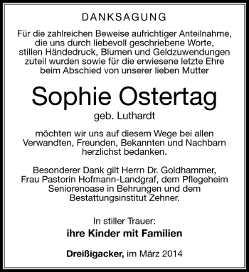 Traueranzeige von Sophie Ostertag von Südthüringer Presse