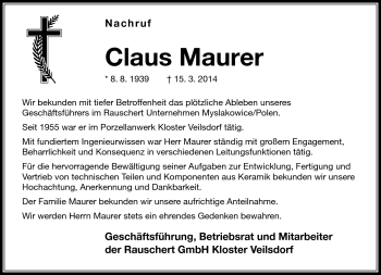 Traueranzeige von Claus Mauer von Südthüringer Presse