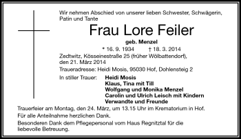 Traueranzeige von Lore Feiler von Frankenpost