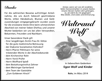 Traueranzeige von Waltraud Wolf von Südthüringer Presse