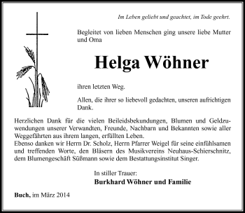 Traueranzeige von Helga Wöhner von Südthüringer Presse