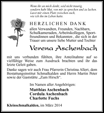 Traueranzeige von Verena Aschenbach von Südthüringer Presse