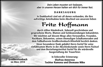 Traueranzeige von Firtz Hoffmann von Südthüringer Presse