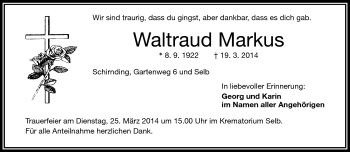 Traueranzeige von Waltraud Markus von Frankenpost
