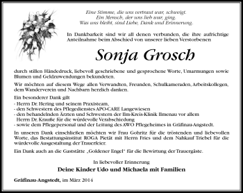 Traueranzeige von Sonja Grosch von Südthüringer Presse