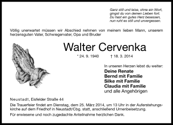 Traueranzeige von Walter Cervenka von Neue Presse Coburg