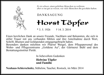 Traueranzeige von Horst Töpfer von Südthüringer Presse