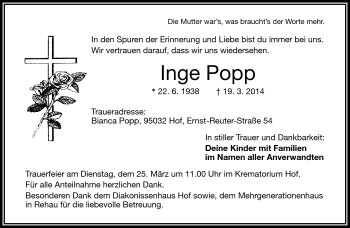 Traueranzeige von Inge Popp von Frankenpost