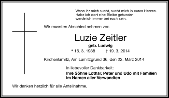 Traueranzeige von Luzie Zeitler von Frankenpost