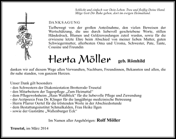 Traueranzeige von Herta Möller von Südthüringer Presse