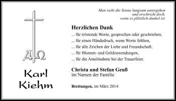 Traueranzeige von Karl Kiehm von Südthüringer Presse