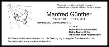 Traueranzeige von Manfred Günther von Frankenpost