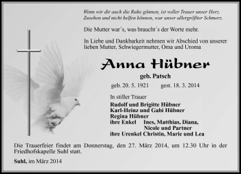 Traueranzeige von Anna Hübner von Südthüringer Presse