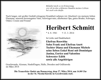 Traueranzeige von Heribert Schmitt von Südthüringer Presse