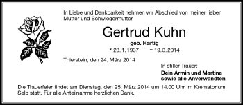 Traueranzeige von Gertrud Kuhn von Frankenpost